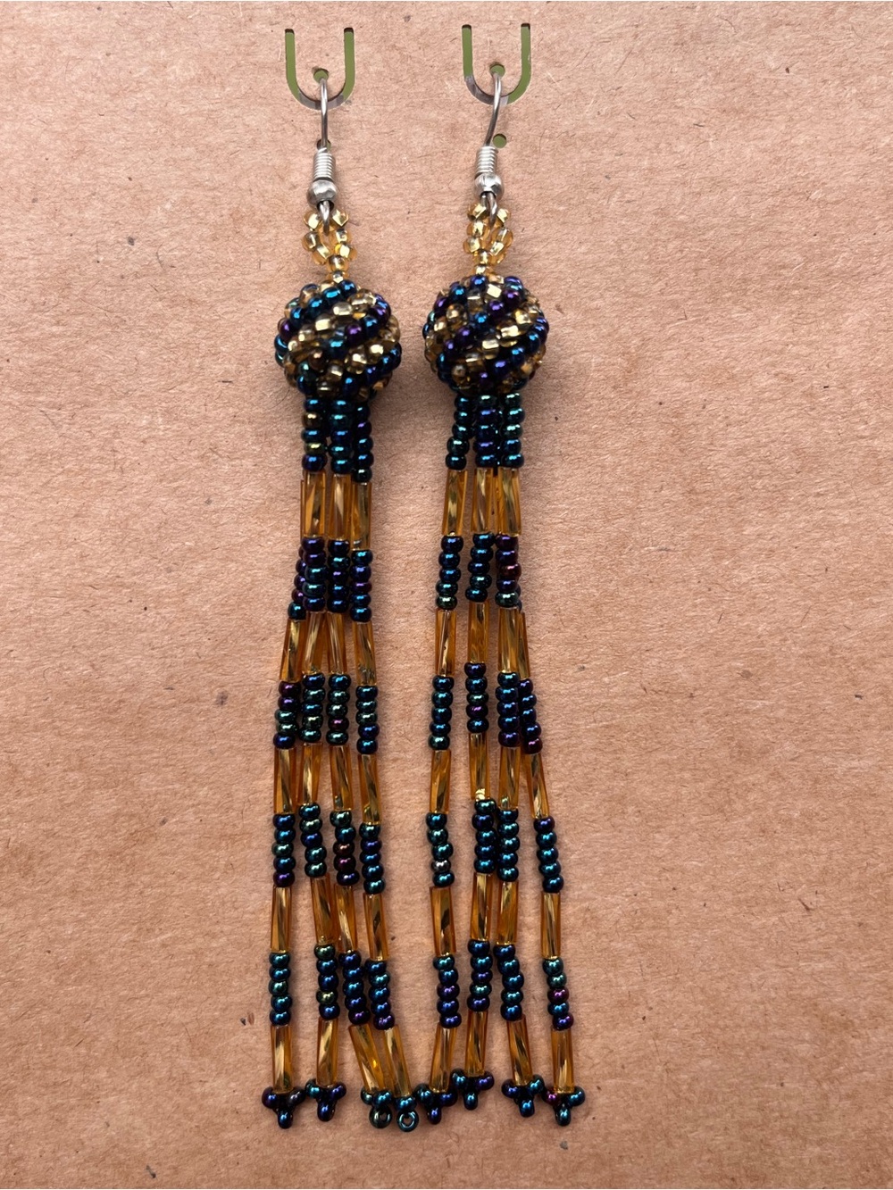 Handmade Gold and Iridescent Blue Beaded Tassel Earrings